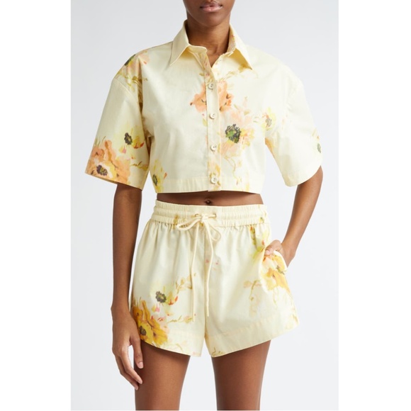 Zimmermann Lightburst Relaxed Crop Shirt Yellow Floral 4 US 0 AU NWT - Picture 1 of 17